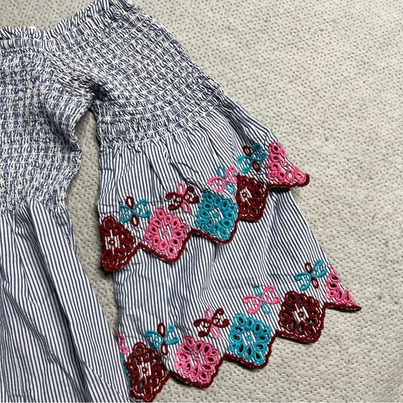Loft Blue & White Striped Ruffle Embroidered Off the Shoulder Blouse Small P - Picture 3 of 5